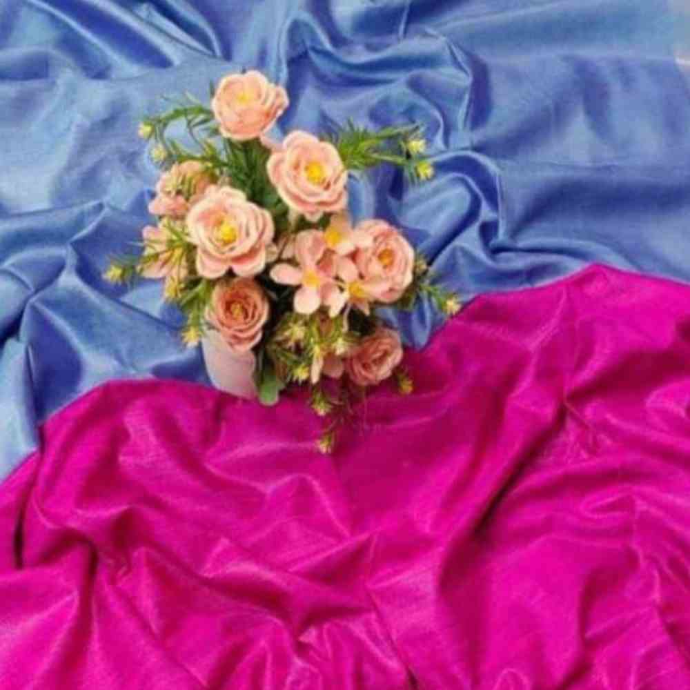 Azure Blossom: Plain Tussar Saree in Blue and Hot Pink